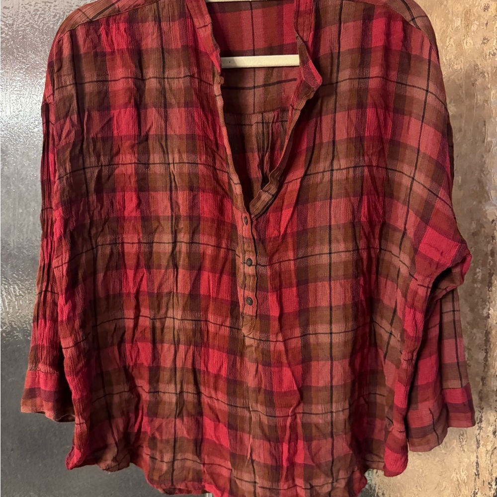 Lucky Brand Red and Brown Plaid Blouse